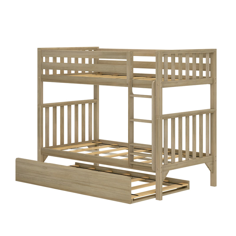 Solid wood bunk bed with ladder and pull-out trundle in natural oak finish, slatted guardrails and platform slats for children's bedroom