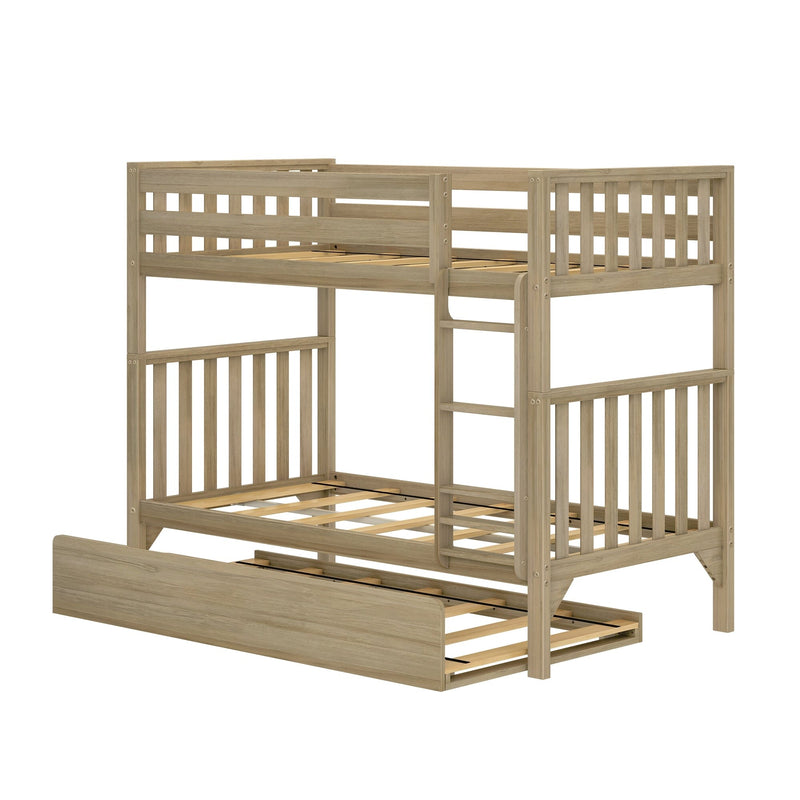 Solid wood bunk bed with ladder and pull-out trundle in natural oak finish, slatted guardrails and platform slats for children's bedroom
