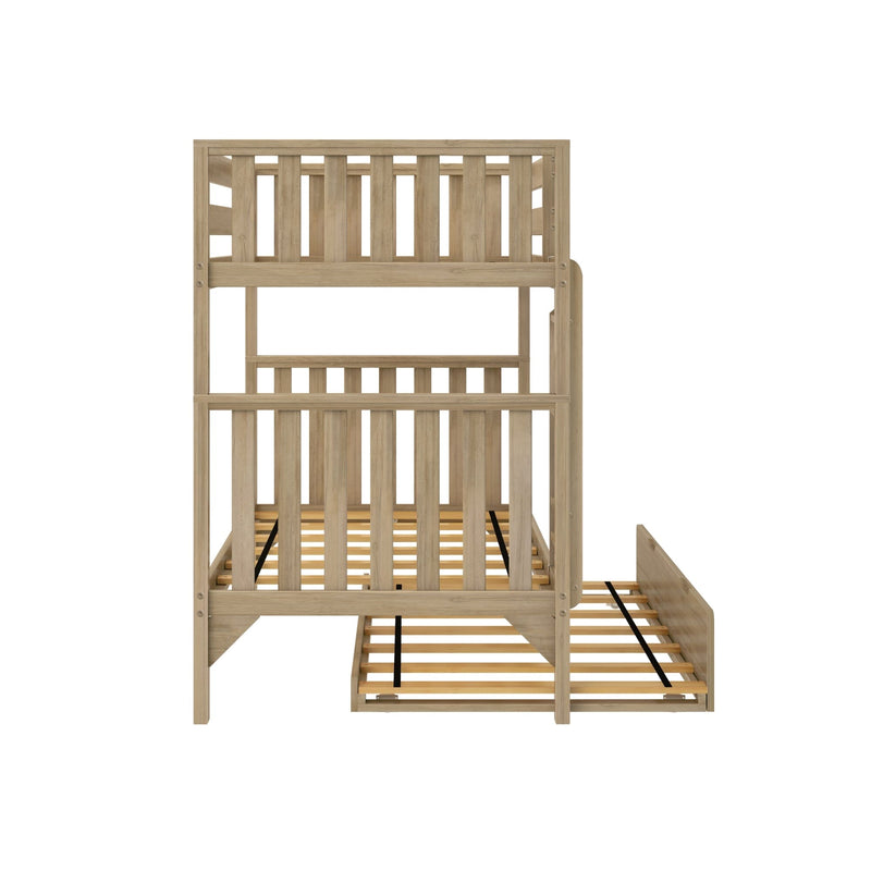 Light natural wood twin-over-twin bunk bed frame with slatted guardrails and under-bed trundle, solid platform design