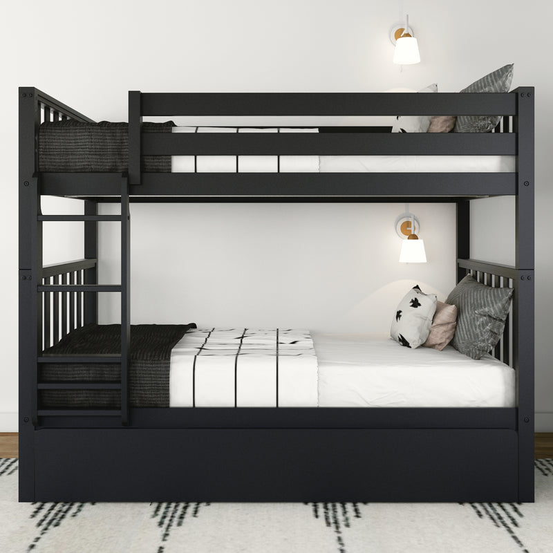 Modern black wooden bunk bed with ladder, white and patterned bedding, decorative pillows and wall sconces in a minimalist space-saving bedroom