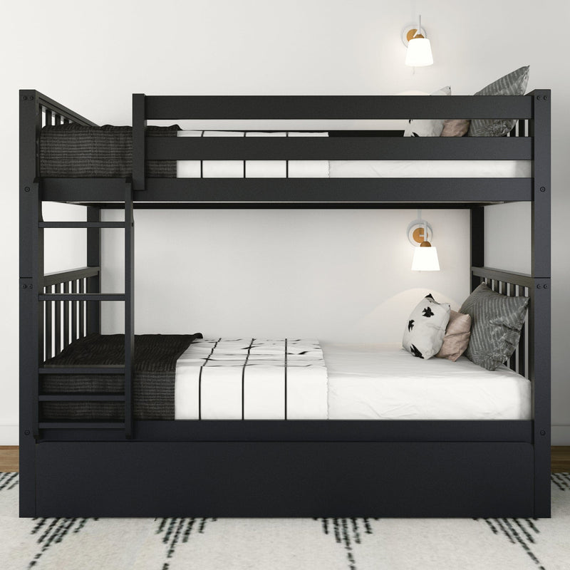 Modern black wooden bunk bed with ladder, white and patterned bedding, decorative pillows and wall sconces in a minimalist space-saving bedroom