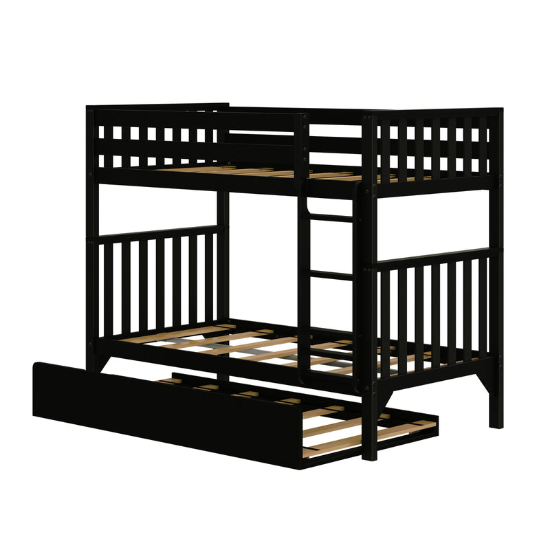 Black wooden twin-over-full bunk bed with ladder, slatted guardrails and pull-out trundle drawer