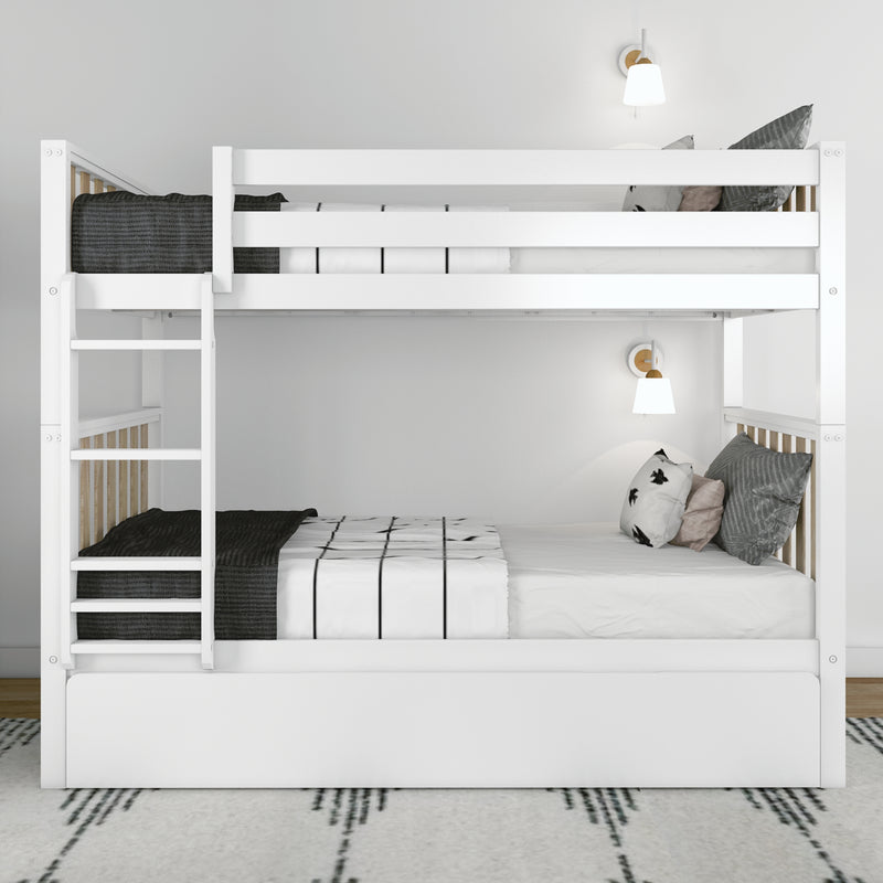 White wooden bunk bed with ladder and space-saving trundle, black-and-white bedding and decorative pillows, wall-mounted reading lamps in modern children's bedroom