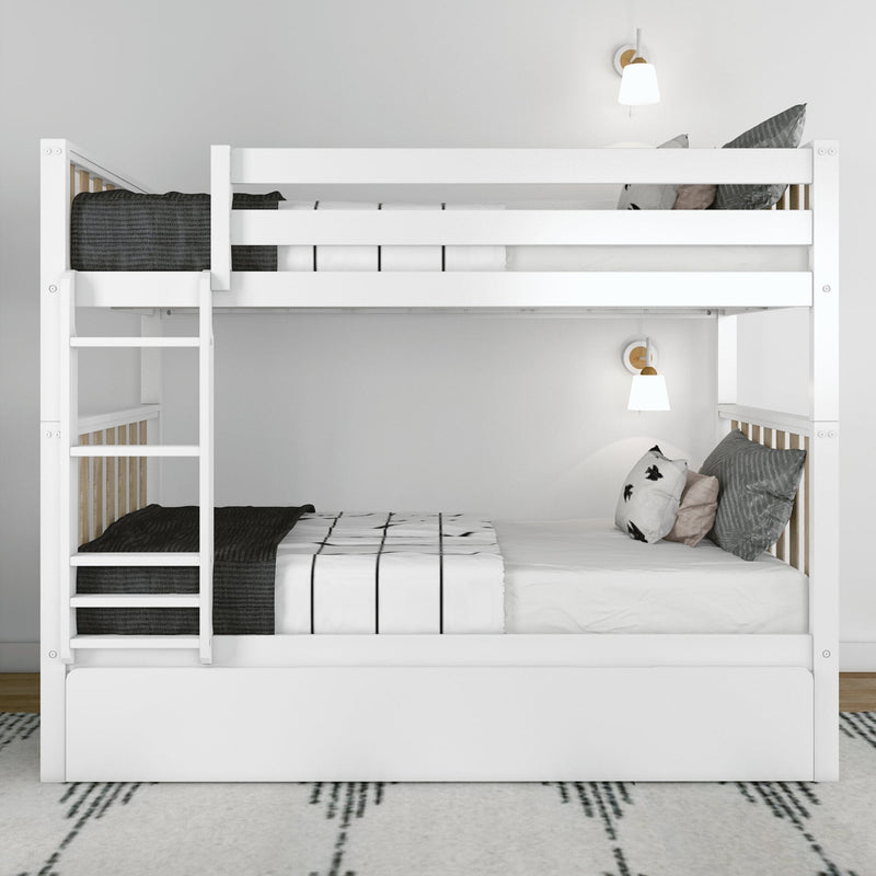 White wooden bunk bed with ladder and space-saving trundle, black-and-white bedding and decorative pillows, wall-mounted reading lamps in modern children's bedroom