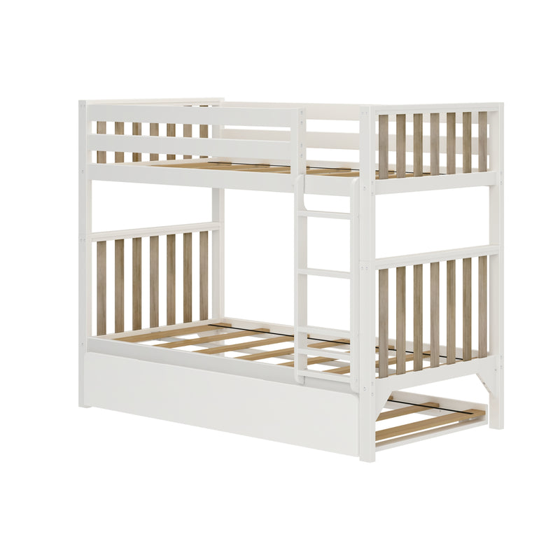 White wooden twin-over-twin bunk bed with ladder, slatted natural wood headboards and slatted mattress supports, space-saving kids bedroom furniture