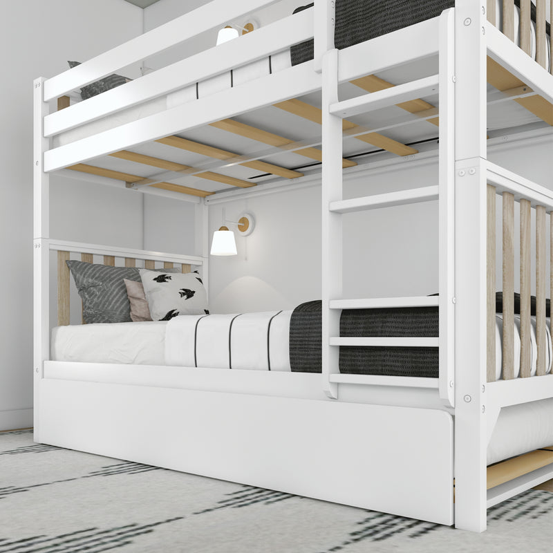 White wooden bunk bed with ladder and pull-out trundle drawer in modern minimalist bedroom with wood slats and wall lamp