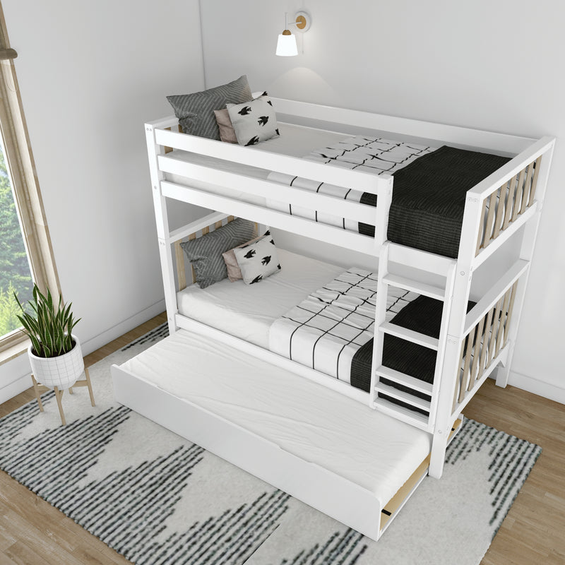 Modern white wooden bunk bed with pull-out trundle, black-and-white bedding and patterned pillows in a minimalist kids' bedroom with ladder, wall sconce and potted plant