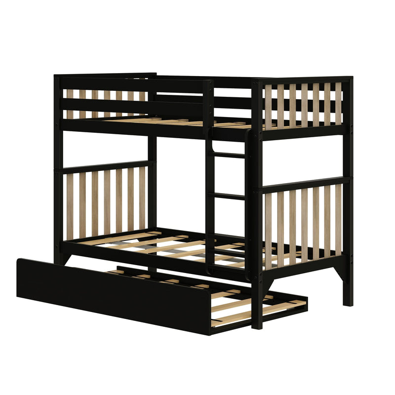 Black wooden bunk bed with natural wood slats, integrated ladder and guardrails, plus pull-out trundle for space-saving kids' rooms
