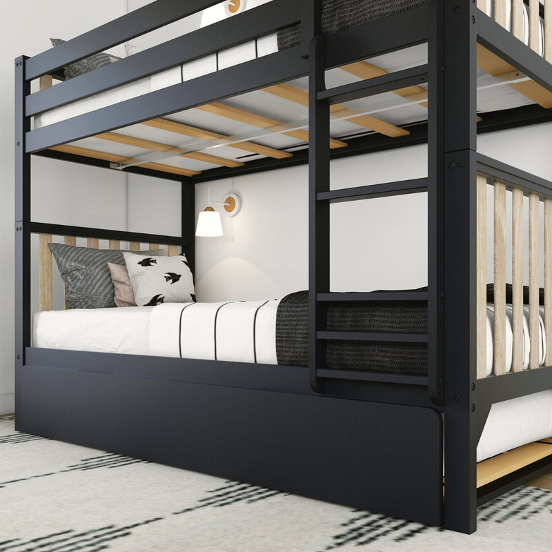 Black metal bunk bed with ladder and wooden slats, white-striped bedding, lower storage drawer and wall sconce in modern kids' bedroom