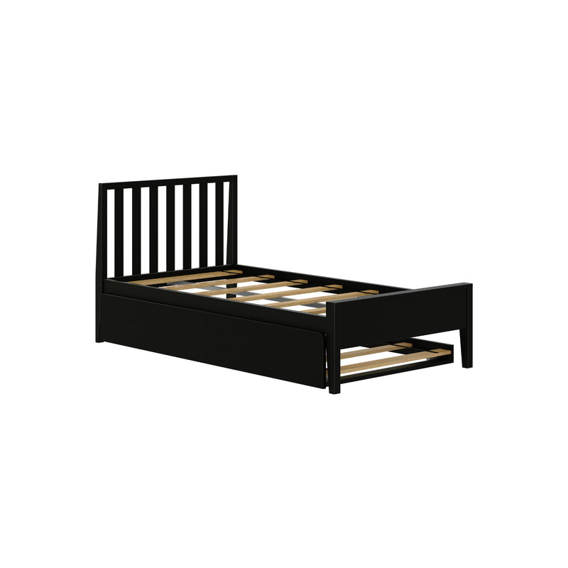 Black wooden twin platform bed frame with vertical slatted headboard, wooden slats and pull-out trundle storage drawer