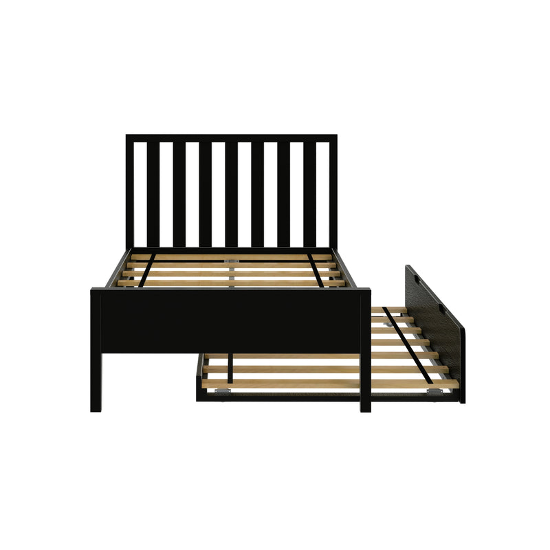 Black wooden platform bed frame with vertical slatted headboard, exposed wood slats and built-in under-bed storage, modern bedroom furniture