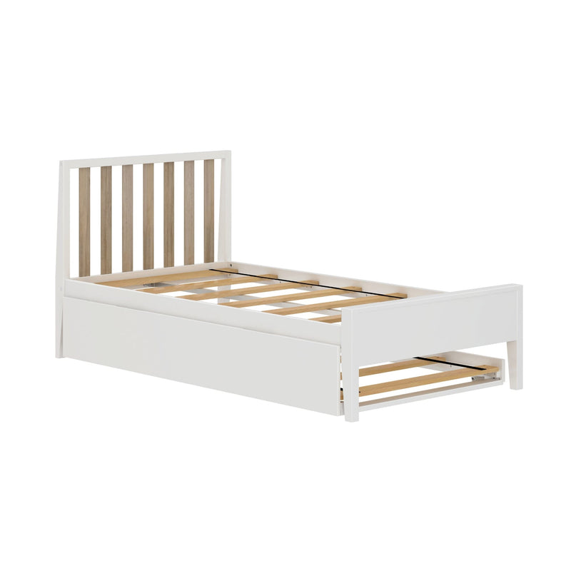 White wooden bed frame with vertical natural wood slatted headboard and pull-out underbed trundle storage, modern minimalist bedroom furniture