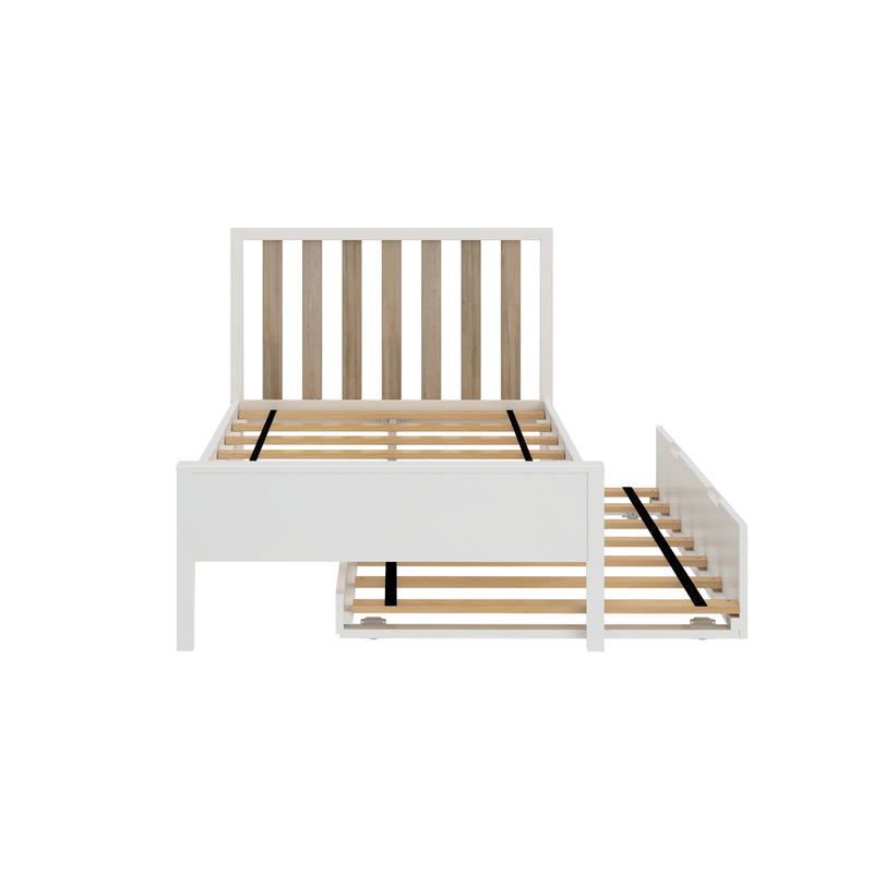 White wooden platform bed frame with vertical natural wood slatted headboard and pull-out trundle with wooden slats, modern farmhouse bedroom furniture on white background