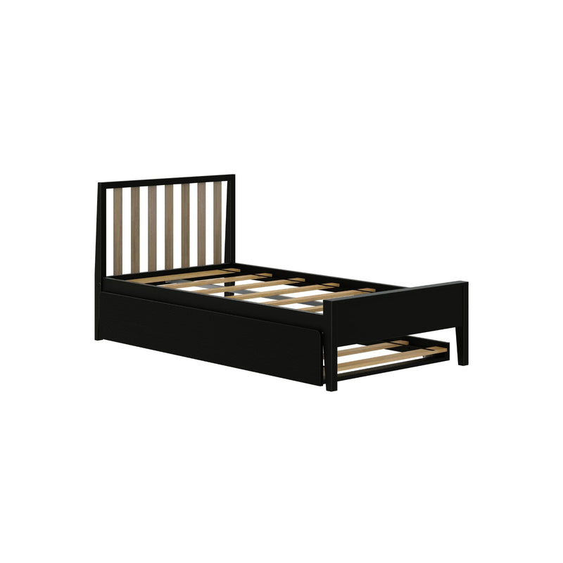 Black wooden twin bed frame with vertical slatted headboard, exposed wooden slats and pull-out under-bed storage drawer