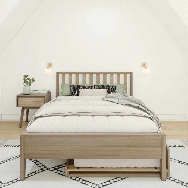 Minimalist Scandinavian bedroom interior with light wood bed frame, neutral linen bedding, green accent pillows, wooden nightstand with vase and wall sconces
