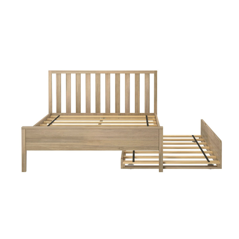 Natural light oak wooden platform bed frame with vertical slatted headboard and pull-out trundle, modern farmhouse bedroom furniture