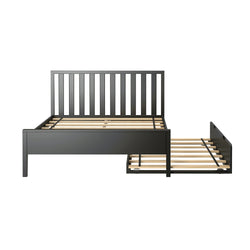 Modern black wooden bed frame with a slatted headboard and pull-out storage drawer.