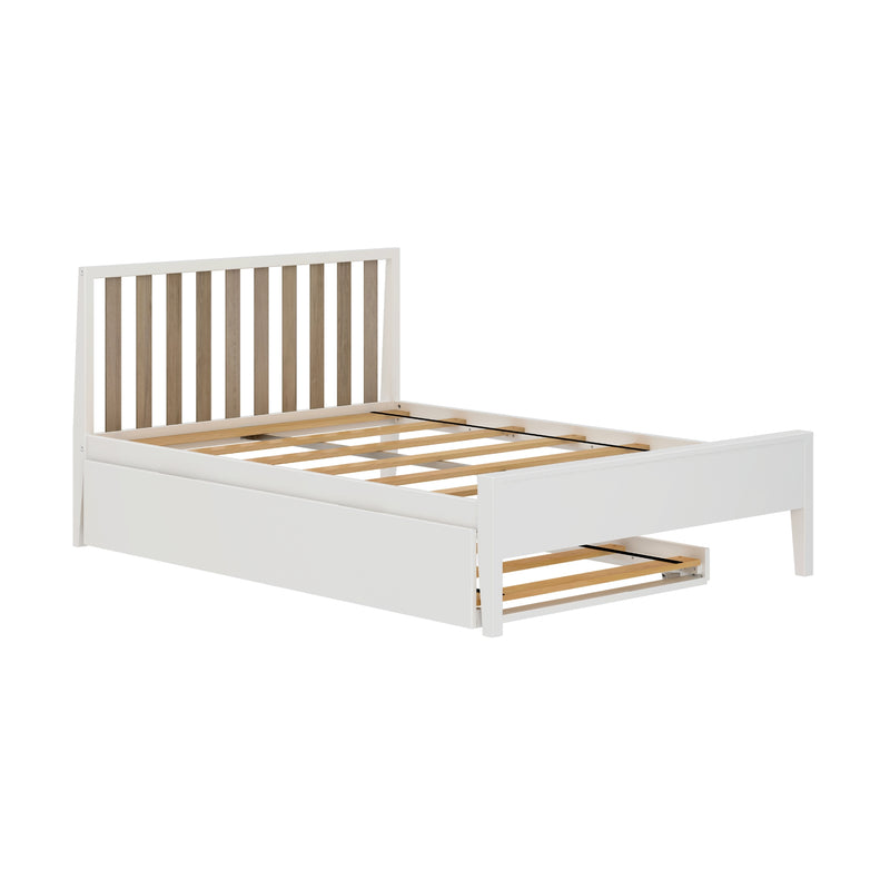 White wooden platform bed frame with vertical slatted headboard, wooden slat base and pull-out under-bed storage drawer