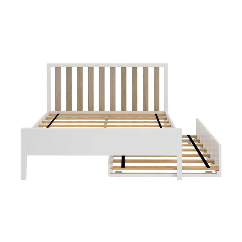 White wooden platform bed frame with natural wood slatted headboard and exposed wooden slats, modern farmhouse bedroom furniture