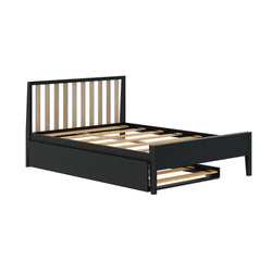 Black wooden bed frame with slatted headboard and underbed storage drawer.
