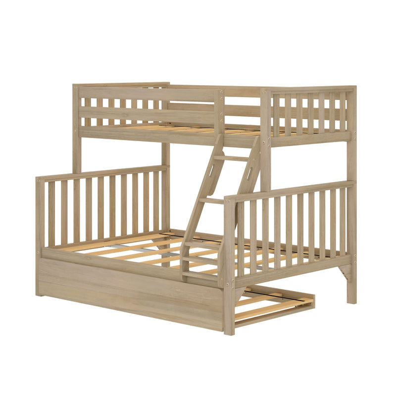 Light natural wood twin-over-full bunk bed with integrated ladder, slatted guardrails, platform slats and under-bed trundle storage