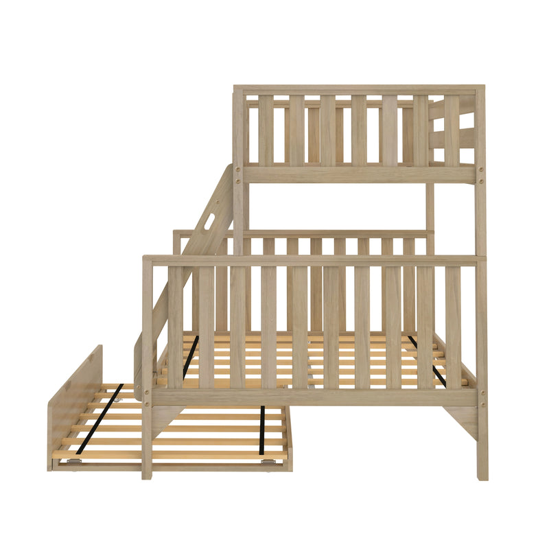 Light natural wood two-tier bunk bed frame with ladder and slatted guardrails — loft-style platform bed for kids, minimalist bedroom furniture
