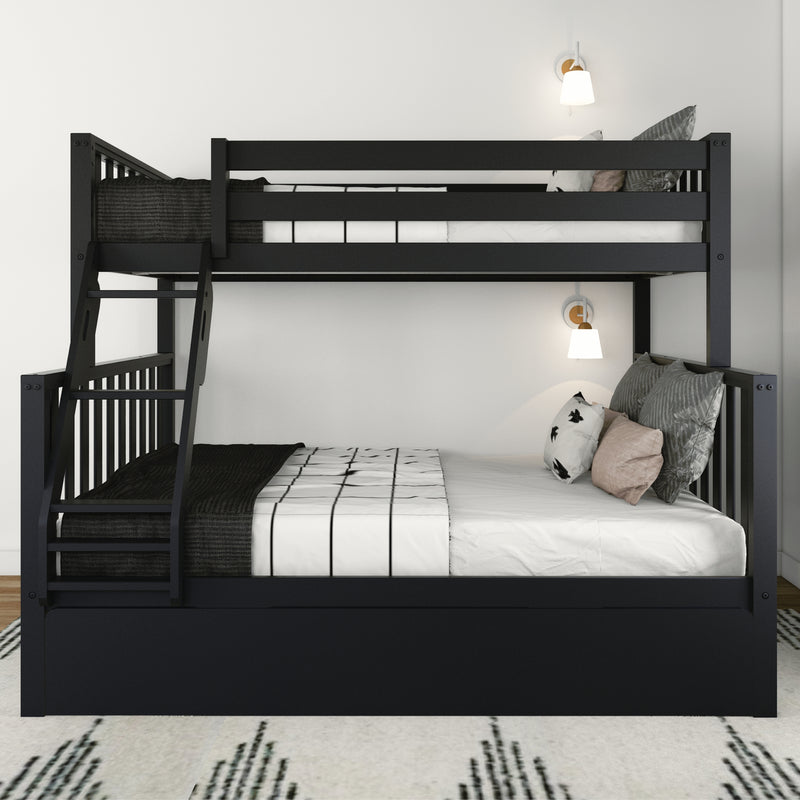 Modern black wooden twin-over-full bunk bed with ladder and under-drawer storage, white grid bedding and decorative pillows in a minimalist kids' bedroom with wall sconces