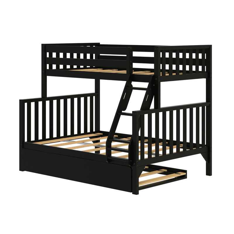 Modern black wooden bunk bed frame with ladder, slatted guardrails and headboards, wooden slat support and pull-out trundle storage