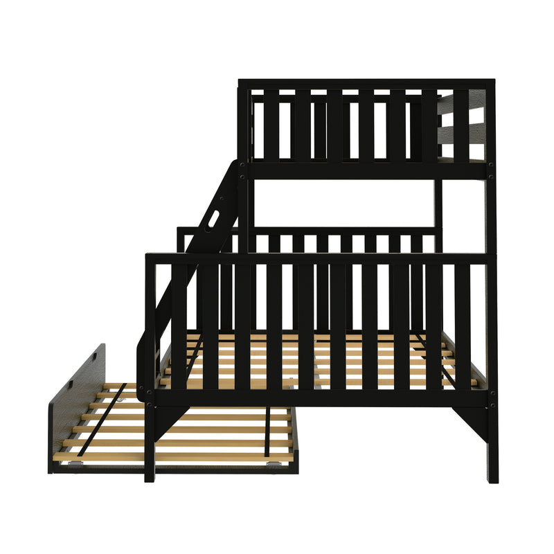 Black wooden twin-over-twin bunk bed frame with slatted mattress supports, built-in ladder and safety guardrails, modern space-saving kids' bedroom furniture