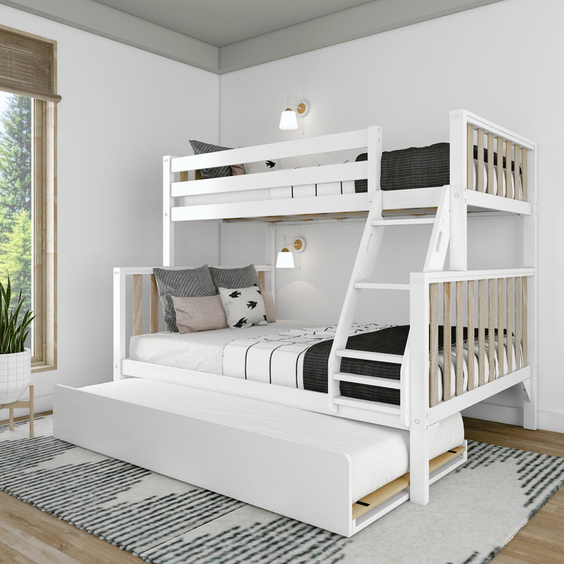 White wooden bunk bed with ladder and pull-out trundle, black-and-white bedding in a modern Scandinavian kids' bedroom with wall sconces and natural wood accents
