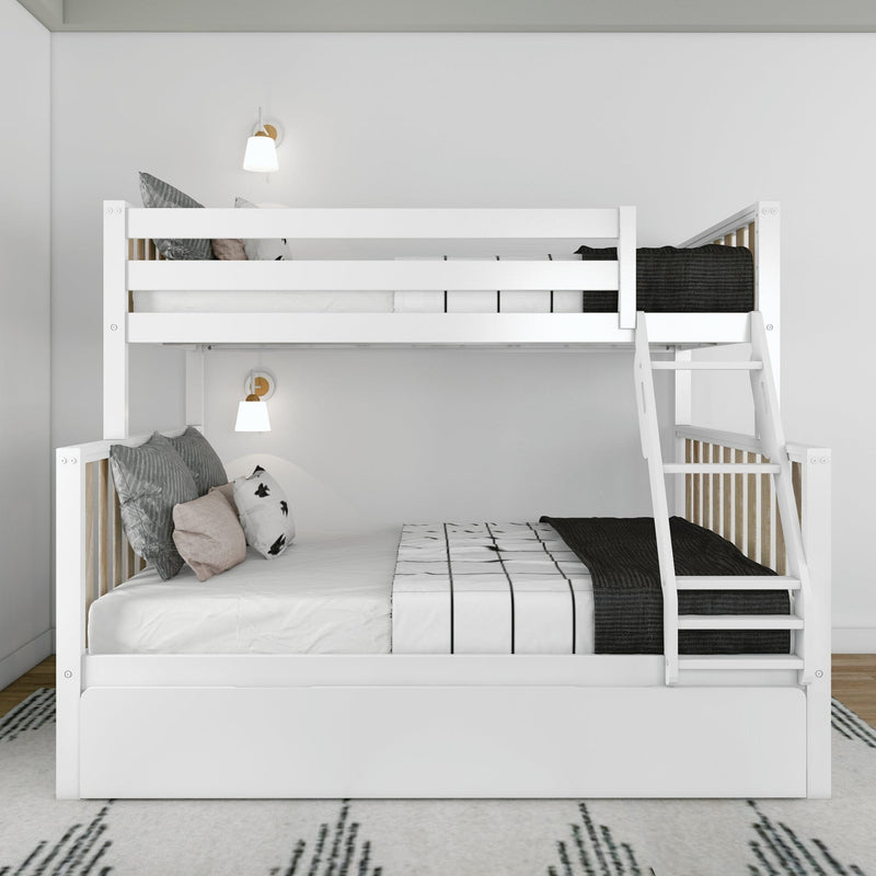 Modern white wooden bunk bed with ladder in a minimalist Scandinavian kids' bedroom, white bedding with patterned pillows, black knit throw and wall-mounted sconces