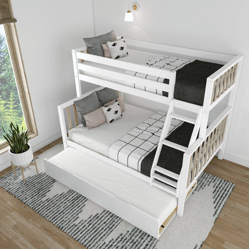White wooden bunk bed with pull-out trundle and ladder in modern Scandinavian kids' bedroom with black-and-white geometric bedding, decorative pillows, wall sconce, potted plant and natural window light