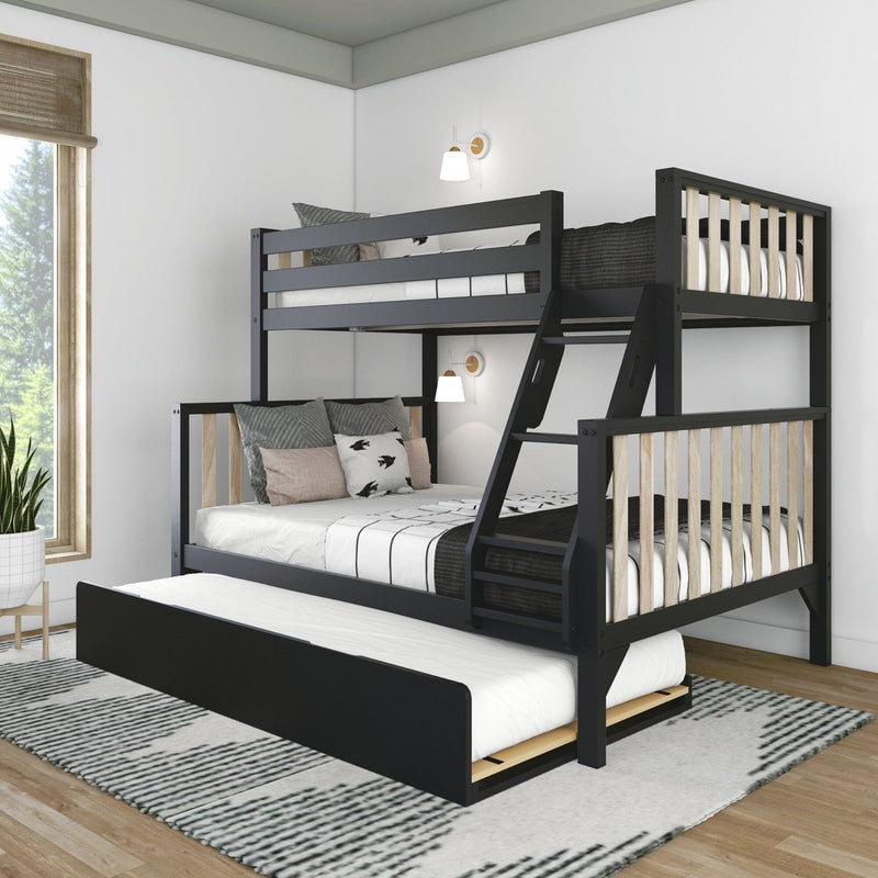 Triple bunk bed with trundle in modern bedroom, featuring safety rails and cozy bedding.