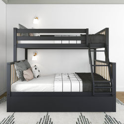 Modern black metal bunk bed with ladder and patterned bedding in a minimalist bedroom setup.