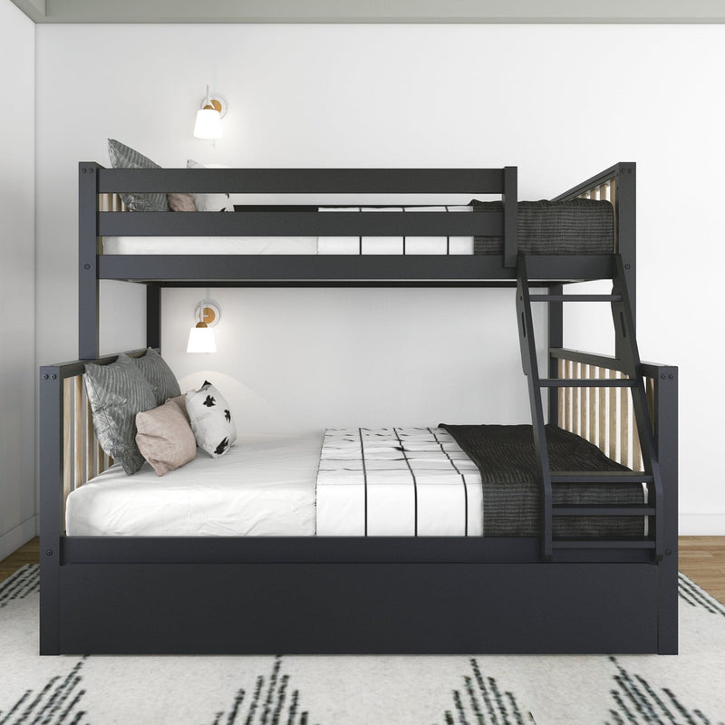 Modern black metal bunk bed with ladder and patterned bedding in a minimalist bedroom setup.