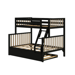 Black twin over full bunk bed with wooden slats and ladder, ideal for space-saving in kids' bedrooms.