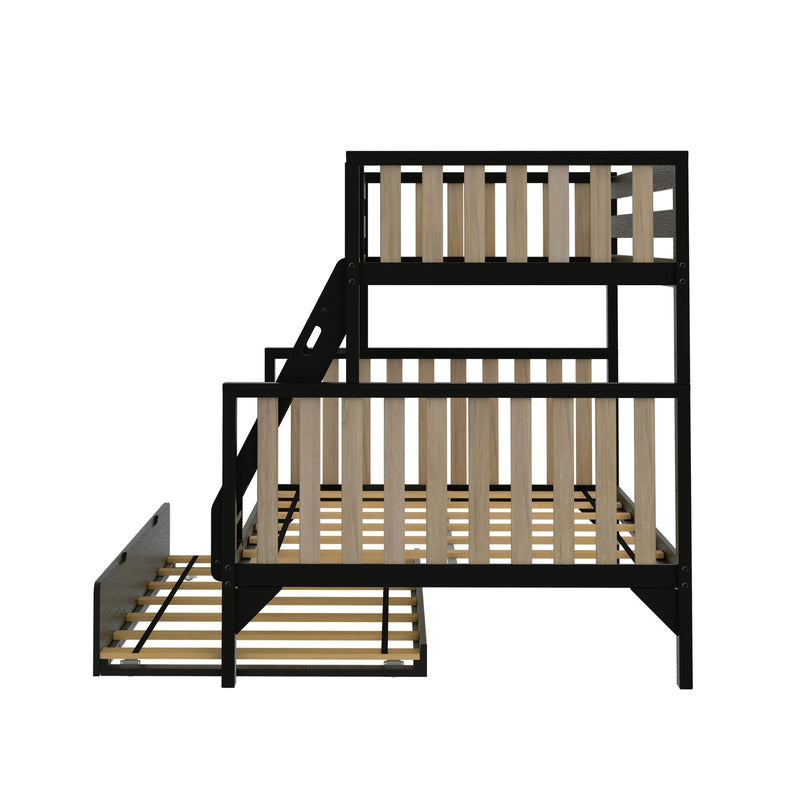 Black metal bunk bed with natural wood slats, angled ladder, safety guardrails and pull-out trundle, twin-over-full modern industrial kids' bedroom furniture on white background
