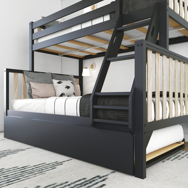 Black modern bunk bed with integrated ladder, pull-out trundle drawer, wood slats and neutral bedding in a minimalist kids' bedroom