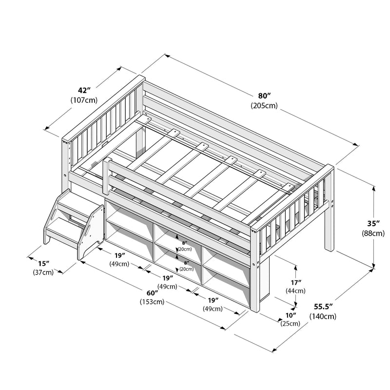 Isometric assembly diagram of a wooden twin kids loft bed with guardrails, built-in storage cubbies and stair drawers, labeled dimensions in inches and centimeters (80in, 42in, 35in)