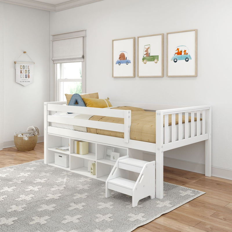 White wooden kids loft bed with built-in storage shelves and ladder, neutral nursery decor, mustard bedding, animal wall art and star-pattern rug