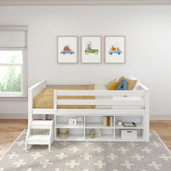 Toddler bed with storage under frame, featuring a white wooden design, decorative pillows, and playful animal art for a cozy children's room.