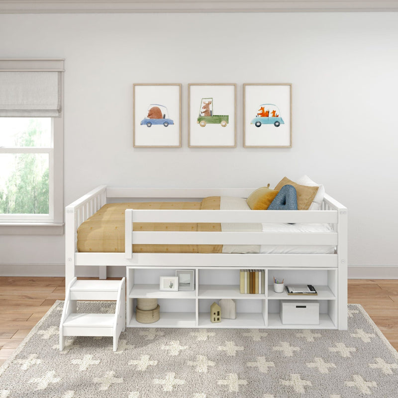 White loft bed with built-in storage cubbies, mustard bedding and framed animal car prints on wall in modern kids' bedroom