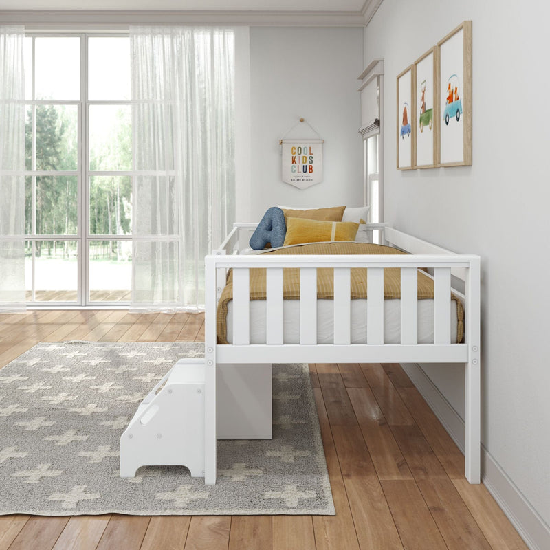 Modern kids bedroom with white wooden toddler bed, mustard yellow bedding and blue accent pillow, star-pattern rug, animal car wall art and sheer window curtains