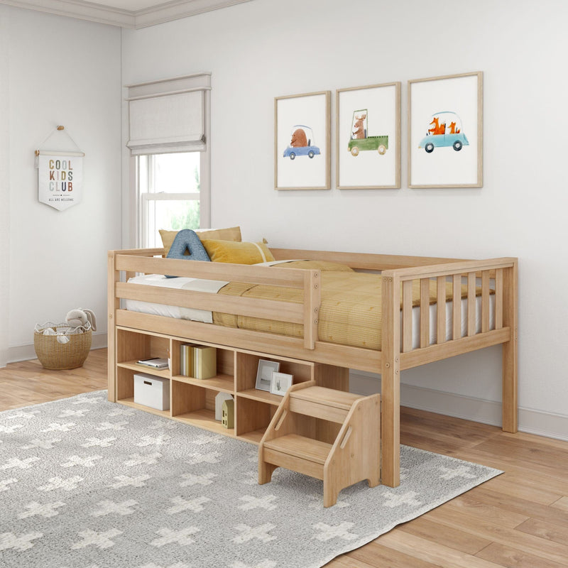 Wooden kids loft bed with storage shelves and steps in a stylish bedroom.