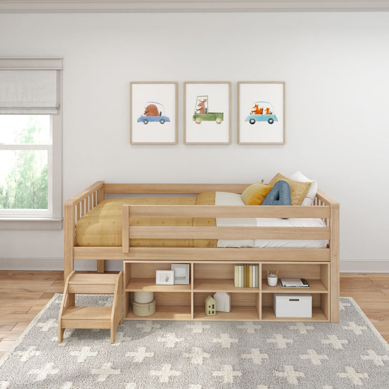 Wooden loft bed with built-in storage shelves, yellow bedding and framed animal car prints in a bright modern kids bedroom