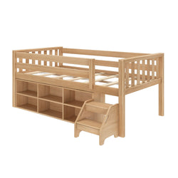 Wooden loft bed with built-in storage and stairs for kids' bedroom organization.