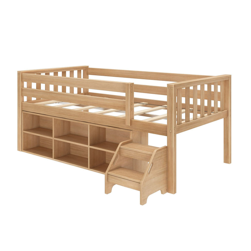 Wooden loft bed with built-in storage and stairs for kids' bedroom organization.