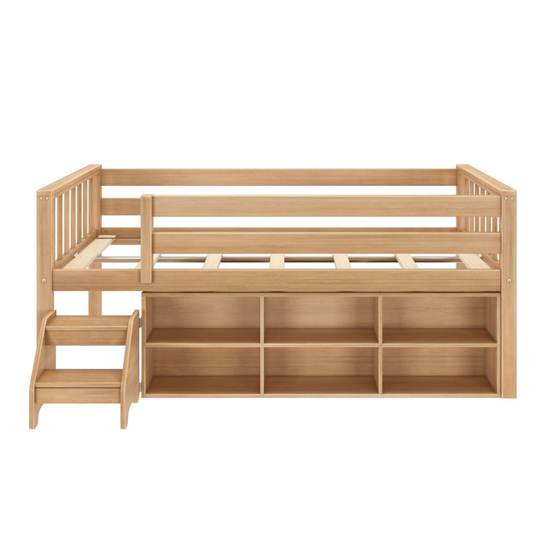 Wooden loft bed with integrated shelves and stairs for kids' room storage solutions.
