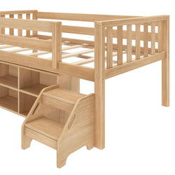 Wooden loft bed with integrated storage and steps, ideal for children's bedrooms.