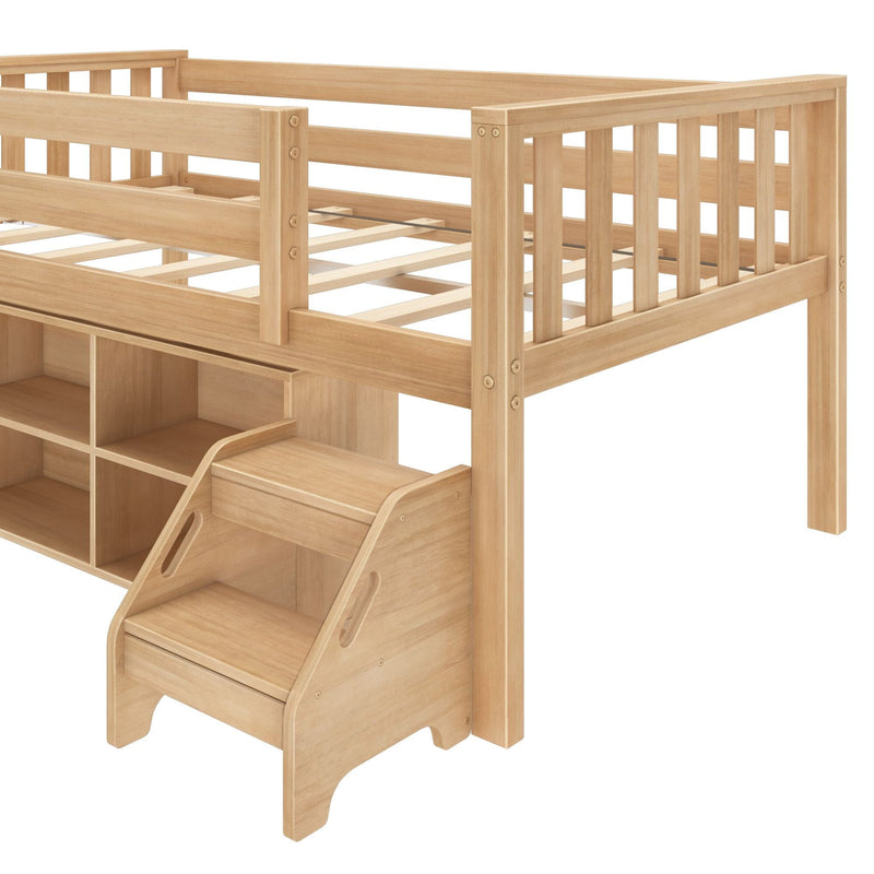 Natural light-wood kids' loft bed with slatted guardrails, built-in storage stairs and underbed shelves for small bedrooms